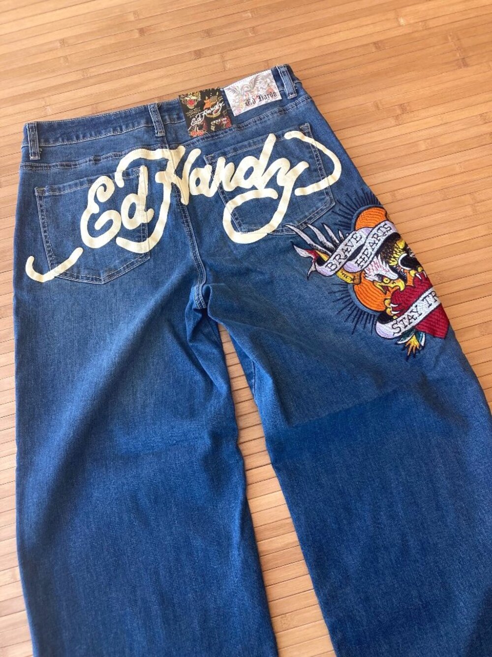 Ed Hardy Brave Hearts Stay True Wide Leg Jeans Embroidered Womens 32 Blue NWT